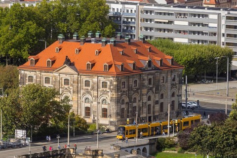 View from the lantern of the Church of Our Lady. Neustädter market with Augustus bridge, DVB tram