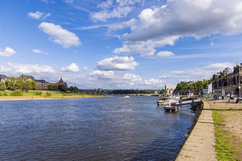 Terrassenufer on the Elbe without Carola Bridge, Dresden, Saxony, Germany