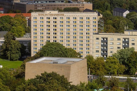 View from the lantern of the Church of Our Lady to the new synagogue and hotel on the