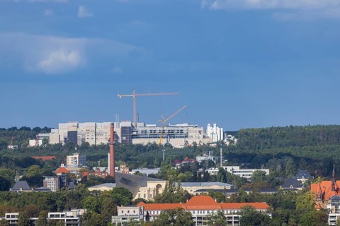 View from the lantern of the Church of Our Lady to the extension of the Infineon chip factory in