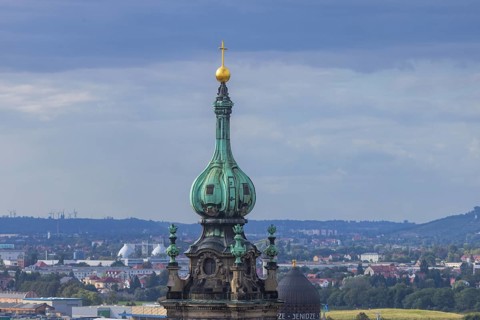 View from the lantern of the Church of Our Lady to the tower of the Hofkirche into the Elbe valley,