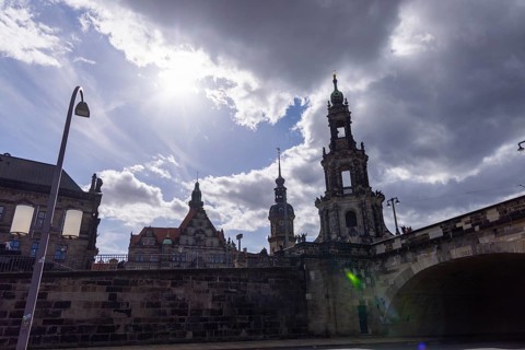 Ständehaus, Georgentor, Schloss- or Hausmannsturm, Hofkirche and Augustusbrücke in backlight,