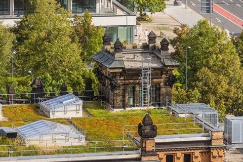 View from the lantern of the Church of Our Lady over the roofs of the police headquarters, Dresden,