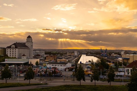 Elbe harbour Friedrichstadt with harbour mill in the evening, Dresden, Saxony, Germany