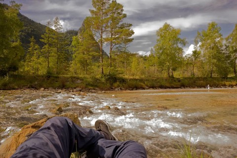 Relaxing on the Ammer near Oberammergau, Kofel, tourism, Alps, mountains, Ammergau, Ammergau Alps,