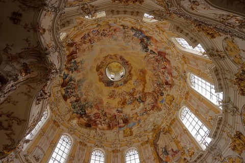 Paintings in the dome area of the monastery church, Ettal Monastery, church, Benedictine Abbey,
