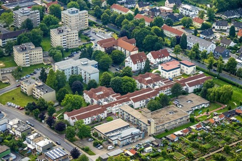 Aerial view of the AWO retirement home Hermann-Görlitz-Seniorenzentrum, Bergkamen, Ruhr area, North