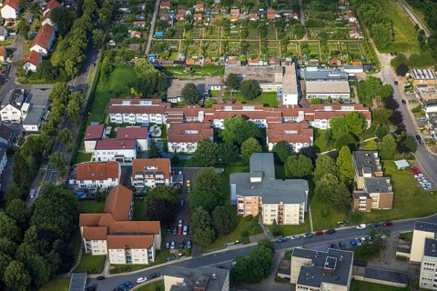 Aerial view of the AWO retirement home Hermann-Görlitz-Seniorenzentrum, Bergkamen, Ruhr area, North