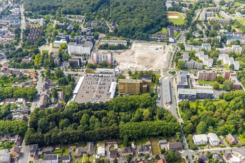 Aerial view, town hall and construction site with demolition of the former tower mall in