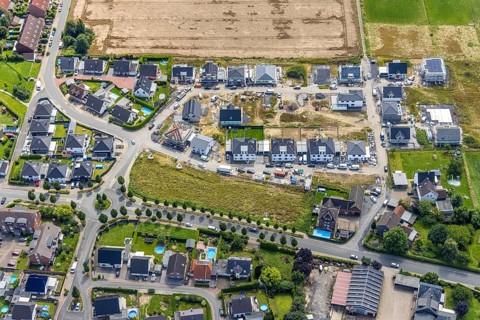 Aerial view, construction site and new development area Ährenweg and Ackerweg in Bergkamen, Ruhr