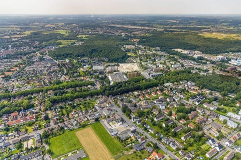 Aerial view, town hall and construction site with demolition of the former tower mall in