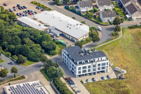 Aerial view, Rewe supermarket in Bergkamen, Ruhr area, North Rhine-Westphalia, Germany, Bergkamen,