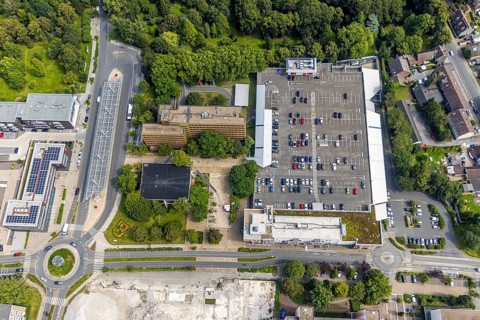 Aerial view, town hall and bus station in Schönhausen, Bergkamen, Ruhr area, North