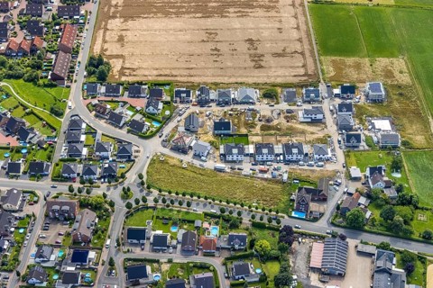 Aerial view, construction site and new development area Ährenweg and Ackerweg in Bergkamen, Ruhr