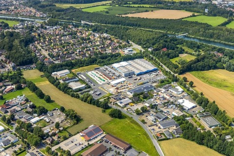 Aerial view, Eurobaustoff Zentrallager Westfalen GmbH in Rünthe, Bergkamen, Ruhr area, North