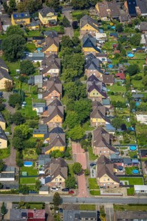 Aerial view, miners' housing estate Knappenstraße with colourful house facades in Rünthe,