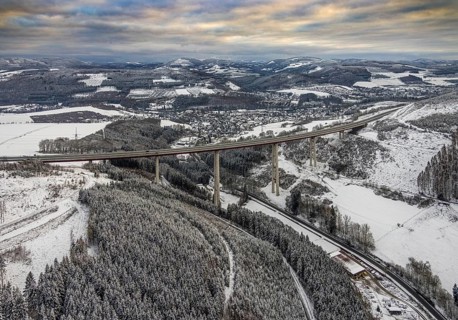 Aerial view of the highest viaduct in North Rhine-Westphalia in Nuttlar in Bestwig in Sauerland in