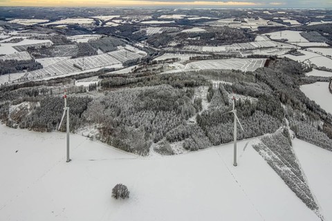 Aerial view of the snowy landscape near Berlarin Bestwig in Sauerland, North Rhine-Westphalia,