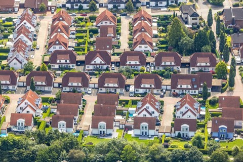 Aerial view, terraced houses, housing estate Espenweg in Weddinghofen, Bergkamen, Ruhr area, North