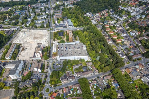 Aerial view, town hall and town hall square as well as construction site with demolition of the