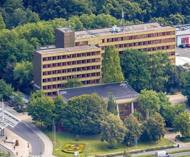 Aerial view, town hall in Schönhausen, Bergkamen, Ruhr area, North Rhine-Westphalia, Germany,