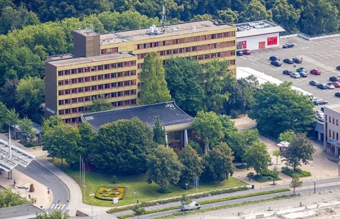 Aerial view, town hall in Schönhausen, Bergkamen, Ruhr area, North Rhine-Westphalia, Germany,