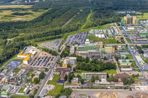 Aerial view, Bayer AG chemical plant site in Bergkamen, Ruhr area, North Rhine-Westphalia, Germany,