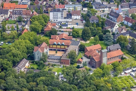 Aerial view, St. Elisabeth Catholic Church and Pestalozzi School and Catholic Kindergarten in