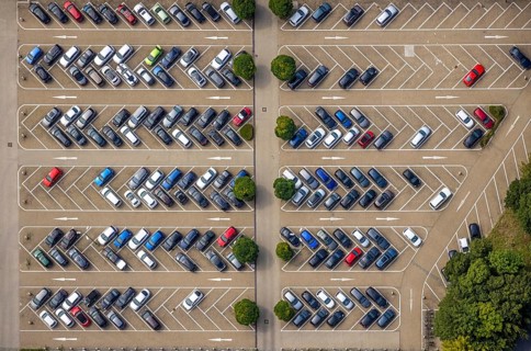 Aerial view, shapes and colours on the car park of Bayer AG in Weddinghofen, Bergkamen, Ruhr area,