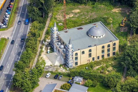 Aerial view, construction site for new DITIB mosque on Erich-Ollenhauer-Straße in Bergkamen, Ruhr
