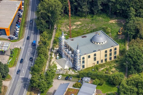 Aerial view, construction site for new DITIB mosque on Erich-Ollenhauer-Straße in Bergkamen, Ruhr