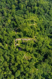 Aerial view, Rüdenburg castle ruins in the forest area, Arnsberg, Sauerland, North