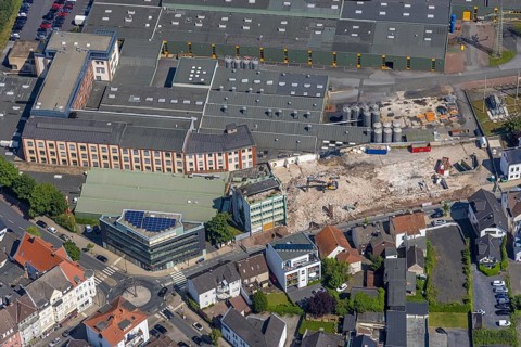Aerial view, demolition site Dreiblitz-Haus on Möhnestrasse, Neheim, Arnsberg, Sauerland, North