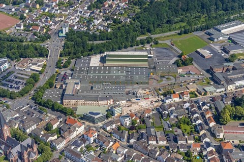 Aerial view, demolition site Dreiblitz-Haus on Möhnestrasse, Neheim, Arnsberg, Sauerland, North