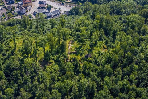Aerial view, Rüdenburg castle ruins in the forest area, Arnsberg, Sauerland, North