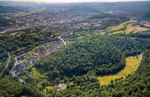 Aerial view, housing estate Unterm Römberge, Römberg forest area, Arnsberg, Sauerland, North