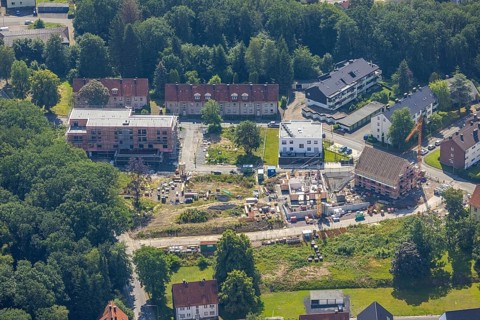 Aerial view, construction site and new building Zum Müggenberg, Neheim, Arnsberg, Sauerland, North