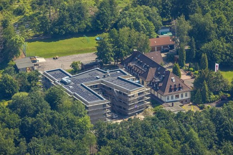 Aerial view, construction site and new building for the children's home Marienfrieden, SkF