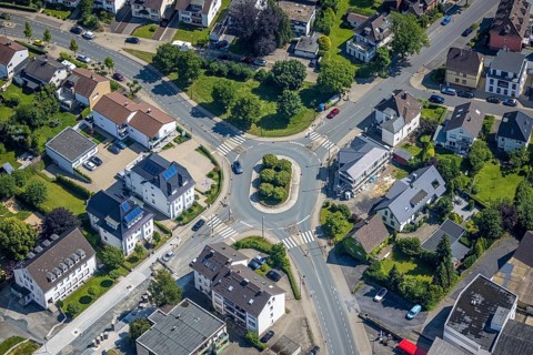 Aerial view, oval roundabout Alter Holzweg and Graf-Gottfried-Straße, Neheim, Arnsberg, Sauerland,