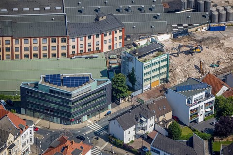 Aerial view, demolition site Dreiblitz-Haus on Möhnestrasse, Neheim, Arnsberg, Sauerland, North