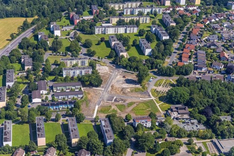 Aerial view, building site in housing estate Am Moosfelder Ring, Eschenstraße, Neheim, Arnsberg,