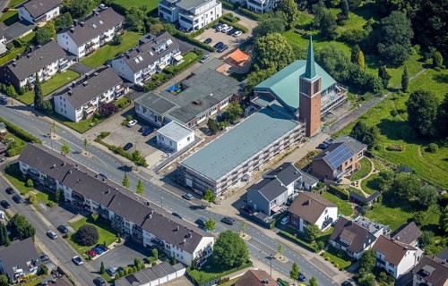 Aerial view, construction site and new building for day clinic as well as the creation of assisted