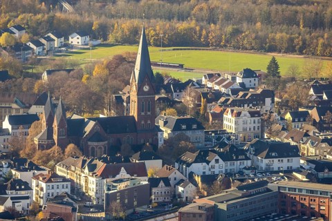 Aerial view, Cathedral of Neheim St. Johannes-Baptist in the district of Neheim in Arnsberg,