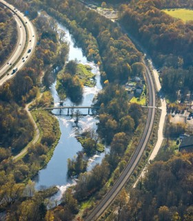 Aerial view, renaturation of the Ruhr at the Schützenbrücke in the district Neheim in Arnsberg,