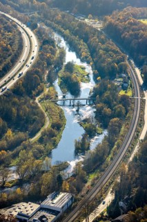 Aerial view, renaturation of the Ruhr at the Schützenbrücke in the district Neheim in Arnsberg,