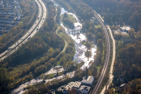 Aerial view, renaturation of the Ruhr at the Schützenbrücke in the district Neheim in Arnsberg,