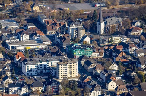 Aerial view, construction site at Heinrich-Lübke-Straße and St.Petri-Kirche in the district Hüsten