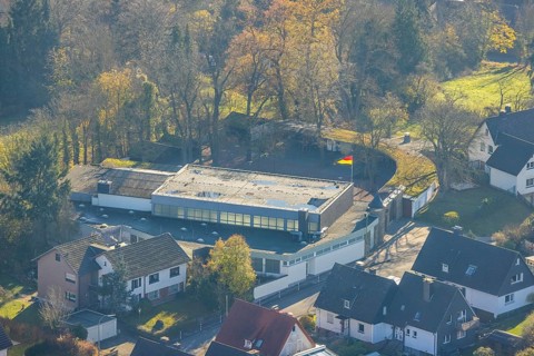 Aerial view, community hall in the district Herdringen in Arnsberg, Sauerland, North