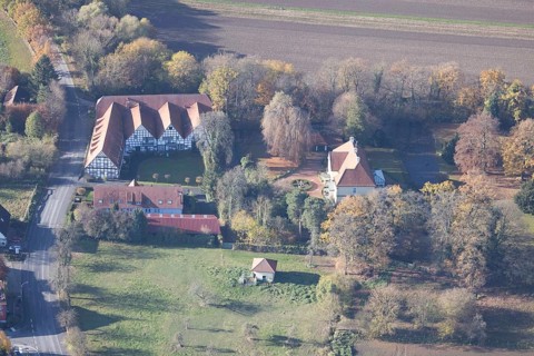 Aerial view, moated castle Haus Echthausen at the city limits of Arnsberg in the district