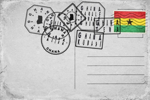 Ghana Vintage Postcard with Flag Stamp and City Postmarks